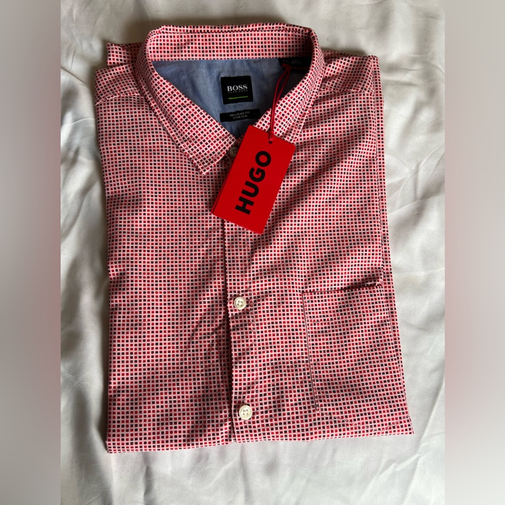 Boss Men's Red and Black Microcheck Button-Down Shirt
